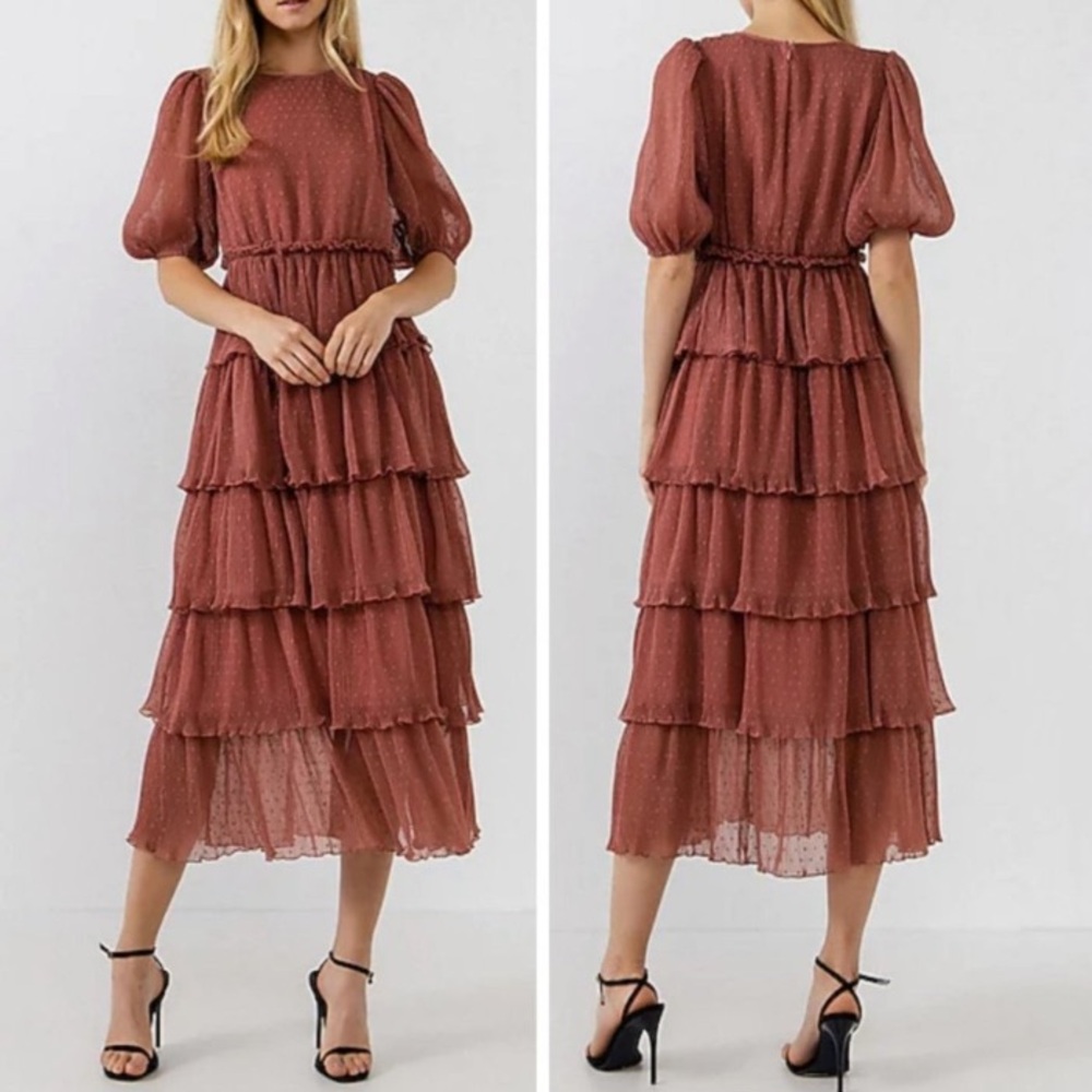 English Factory Clip Dot Tiered‎ Midi Dress Small Mauve Fairycore Cottagecore S